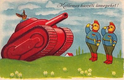 AK Donnernde Ostergrüße Knallroter Panzer u Hasen bereit